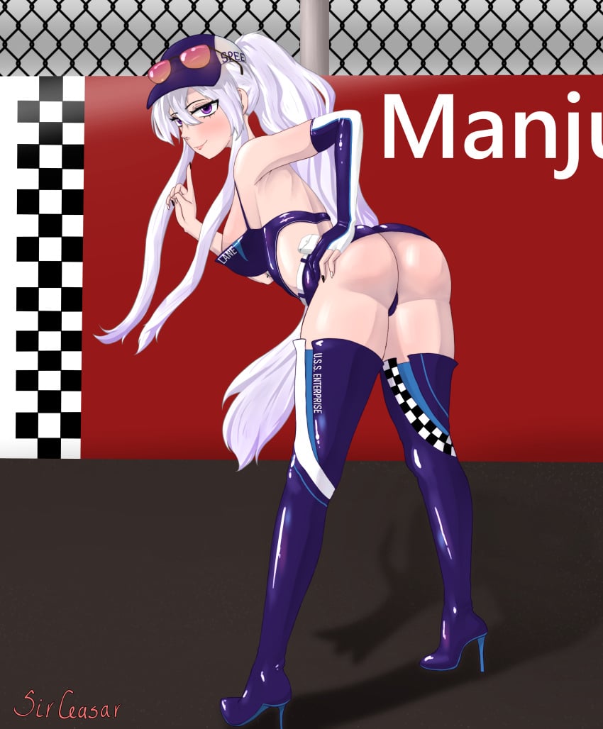 1girls alternate_costume ass azur_lane backless_outfit baseball_cap belt bent_over eagle_union_(azur_lane) enterprise_(azur_lane) enterprise_(wind_catcher)_(azur_lane) eyewear_on_head female female_only high_heel_boots high_heels leotard light-skinned_female light_skin looking_at_viewer official_alternate_costume panties ponytail purple_eyes race_queen sideboob sidelocks silver_hair sirceasar solo standing sunglasses sunglasses_on_head thigh_boots thighhighs very_long_hair white_belt wire_fence