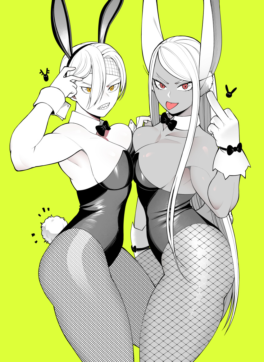 2girls :p animal_ears ass asymmetrical_docking big_ass black_and_white blonde_hair bowtie breast_press breasts bunny_ears bunny_girl bunny_tail bunnygirl bunnysuit cleavage clenched_teeth dark-skinned_female dark_skin detached_collar fake_animal_ears fake_tail female_only fishnets gloves headband kopam large_breasts leotard long_hair looking_at_viewer middle_finger miruko muscular muscular_female my_hero_academia red_eyes ryuukyuu sharp_teeth short_hair tail tan_skin thick_thighs thighs tongue tongue_out white_hair yellow_eyes yuri