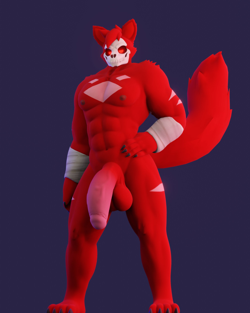 3d 3d_(artwork) anthro anxiousanxiety balls bandage big_penis big_tail blaze_(adsatanicskull) claws fox fox_ears fox_tail furry furry_ears gay genitals hand_on_hip hi_res huge_cock looking_at_viewer male male_only muscular naked nude penis pose posing red_eyes red_fur skull skull_mask solo tagme tail veiny_penis