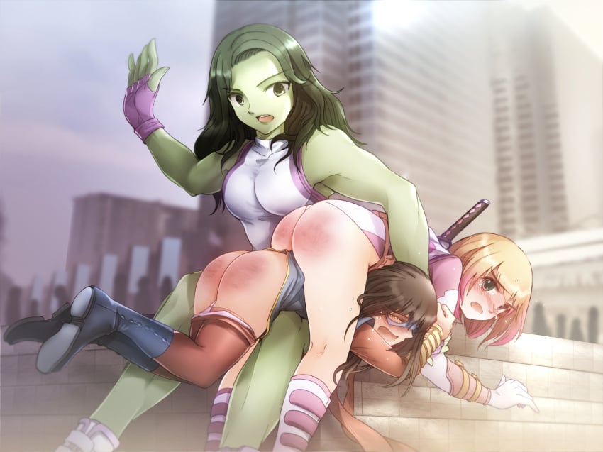 3girls artist_request ass avengers black_hair blonde_hair boots crying dark-skinned_female dark_skin female female_only fingerless_gloves gloves green-skinned_female green_hair green_skin gwen_poole gwenpool gwenpool_(series) hulk_(series) kamala_khan light-skinned_female light_skin marvel marvel_comics ms._marvel ms._marvel_(kamala_khan) multiple_girls outdoors pants_down reddened_ass reddened_butt she-hulk spanked spanking superheroine tagme_(artist) tears unknown_artist