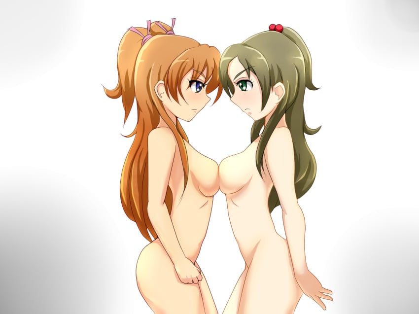 2girls blue_eyes breasts character_request covering female green_eyes green_hair houjou_hibiki long_hair minamino_kanade multiple_girls nude nude_cover orange_hair precure pretty_cure simple_background small_breasts suite_precure suite_pretty_cure symmetrical_docking wss yuri