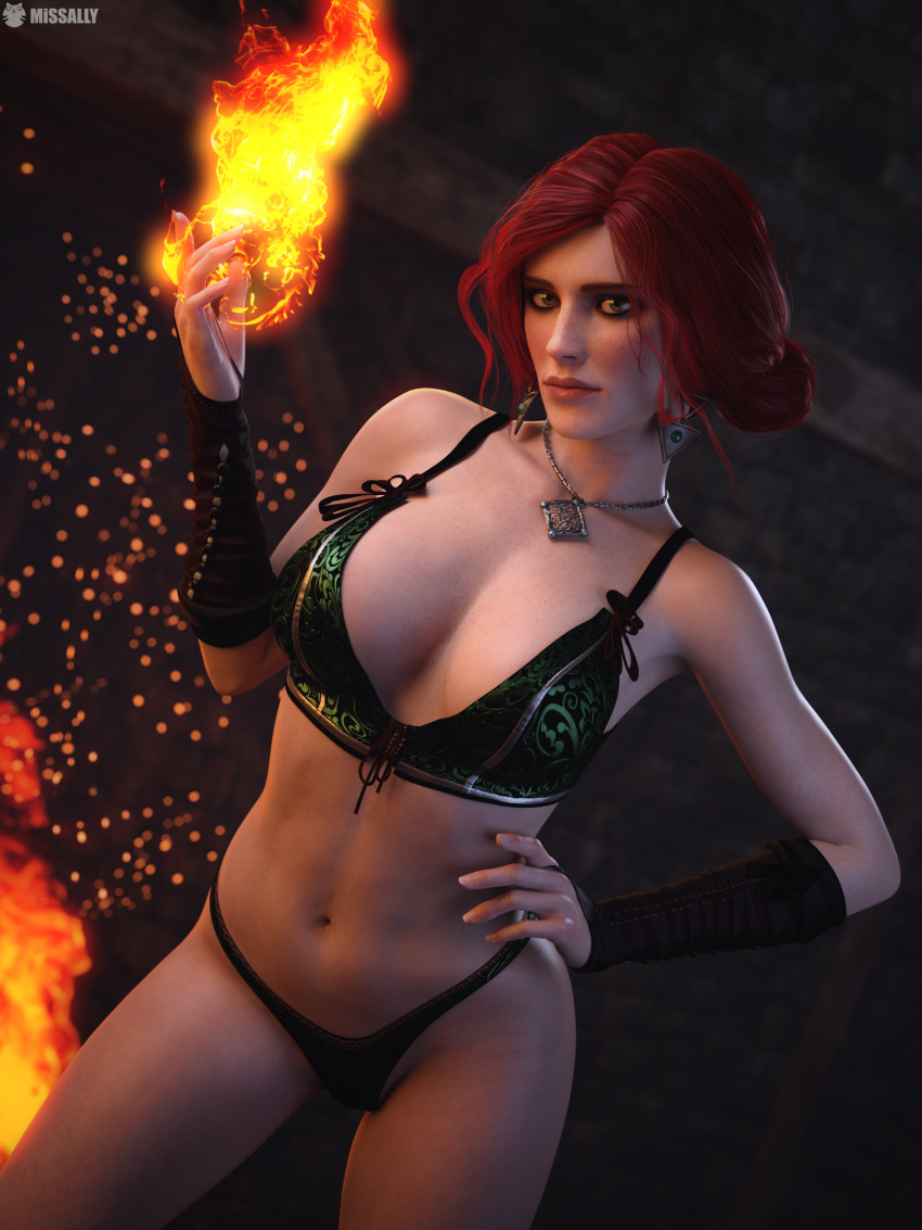 1girls 3d 3d_(artwork) artist_name big_breasts bra breasts cd_projekt_red earrings embers female female_only fire fireball freckles freckles_on_breasts freckles_on_face gloves light-skinned_female light_skin lingerie looking_at_viewer magic mascara missally necklace panties powers pyrokinesis questionable red_hair solo solo_female the_witcher_(series) the_witcher_3:_wild_hunt triss_merigold