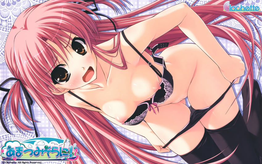 amatsu_misora_ni! blush bra breasts kiyosumi_serika panties panty_pull shintarou tagme thighhighs