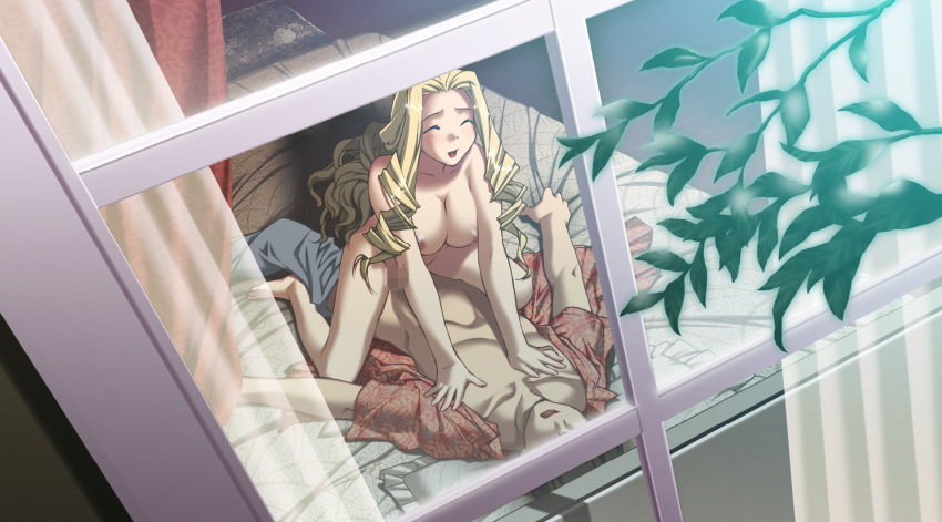 1boy bed bed_sheet blonde_hair breasts censored closed_eyes cowgirl_position cowgirl_position curly_hair dutch_angle female from_above game_cg happy_sex highres honnou_yukari ino izayoi_no_hanayome large_breasts long_hair mosaic_censoring nude open_clothes open_shirt pillow sex sheet_grab shirt smile straddle straddling window