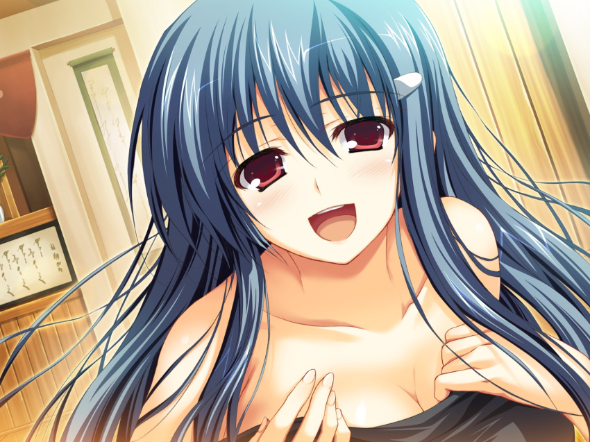 1girls akatsuki_no_goei blue_hair cleavage close female female_only game_cg hi_res kanzaki_moe red_eyes solo tomose_shunsaku