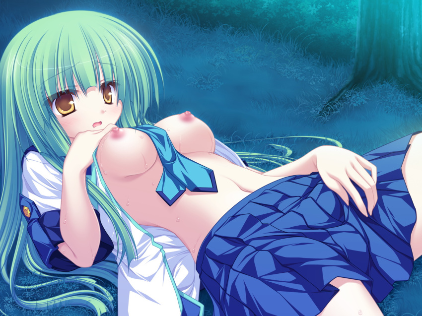 77 breasts game_cg grass green_hair mikagami_mamizu nipples open_clothes open_shirt shirt skirt stella_(77) tie wet whirlpool