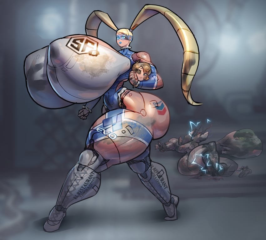 2girls android big_ass big_breasts blonde_hair blue_eyes blue_lips damaged disembodied_head full_body gigantic_breasts huge_ass huge_breasts huge_nipples hyper_breasts massive_ass massive_thighs mechabare mighty_switch_force nipple_bulge noonun patricia_wagon rainbow_mika robot_gore robot_joints sex_robot sexbot standing street_fighter_v thick_thighs twintails wrestling_ring