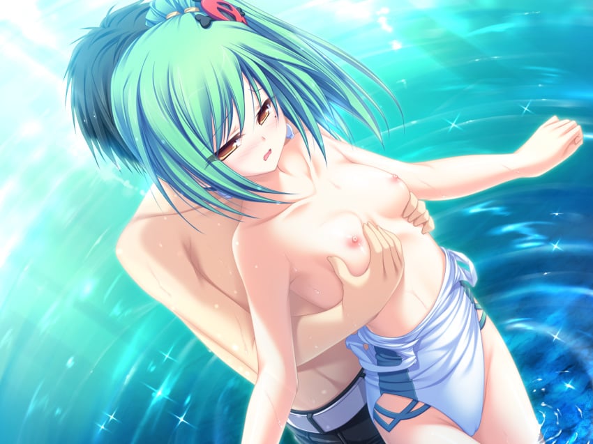 blush breast_grab breasts enomoto_yoshika game_cg green_hair nipples suzukaze_no_melt swimsuit tenmaso water whirlpool