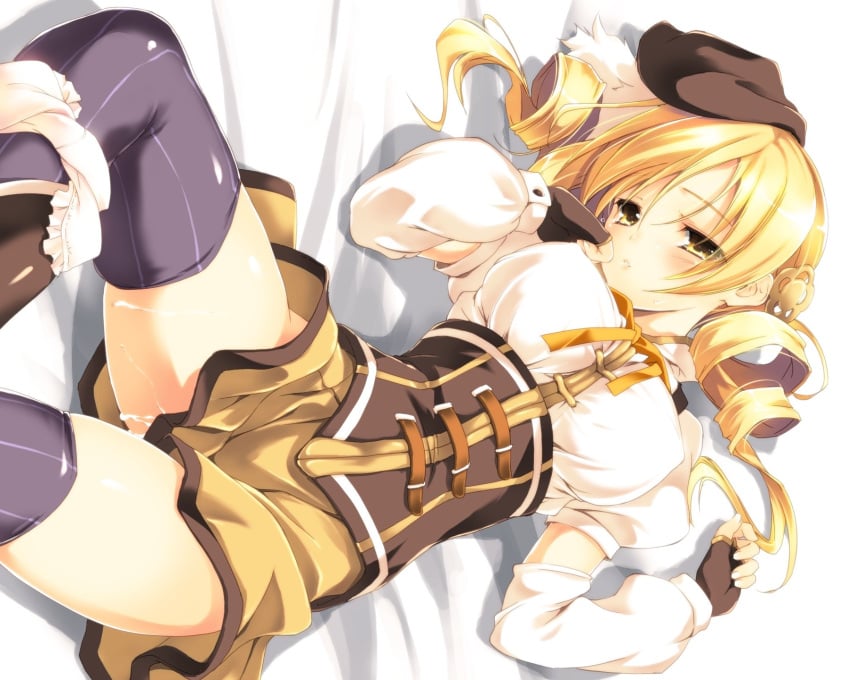 blonde_hair cum erect_nipples kikurage mahou_shoujo_madoka_magica nopan panty_pull pussy_juice seifuku thighhighs tomoe_mami yellow_eyes