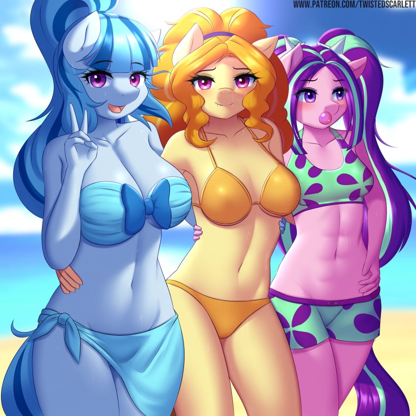 1:1 2019 3girls 5_fingers adagio_dazzle anthro aria_blaze beach bikini breasts equestria_girls equid equine eyebrows_visible_through_hair eyelashes female female_only fingers friendship_is_magic furry gesture group hasbro highres horse large_breasts long_hair looking_at_viewer mammal medium_breasts multicolored_hair multiple_girls my_little_pony navel open_mouth outdoors peace_sign pony ponytail purple_eyes seaside smile sonata_dusk standing sweat swimsuit the_dazzlings thighs twintails twistedscarlett60 two_tone_hair v