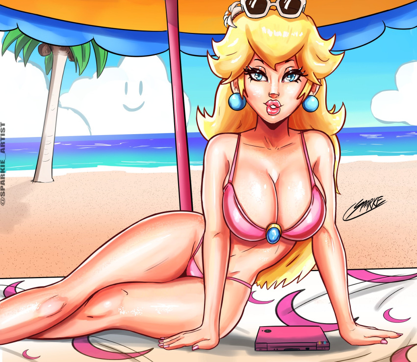 1girls alternate_version_available beach big_breasts big_lips bikini bikini_bottom bikini_top blonde_hair blue_eyes breasts cleavage cloud earrings female female_only flower flower_in_hair hair hair_ornament hips huge_breasts leaning_to_the_side lips lipstick long_hair mario_(series) nail_polish nails nintendo nintendo_ds ocean outdoors perry_(nintendo) pink_bikini pink_lips pink_lipstick pink_nail_polish pink_nails princess_peach sitting sky solo solo_female sparkietheartist sunglasses sunglasses_on_head super_mario_odyssey super_princess_peach swimsuit swimwear thick_lips thighs umbrella