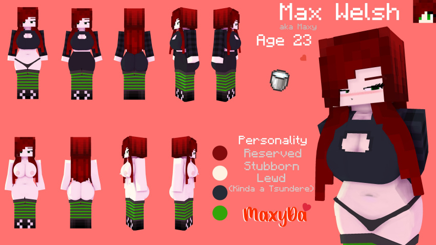 1girls 3d breasts character_profile clothed_female female female_only green_eyes horny_female illustration max_welsh_(maxyda) maxyda mine-imator minecraft red_hair solo solo_female stockings tagme