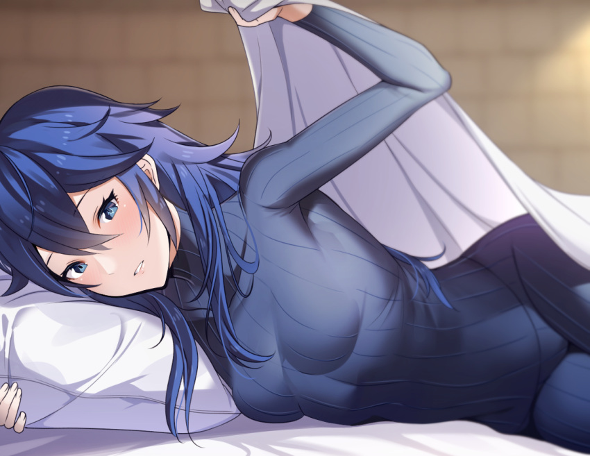 1girls ameno_(a_meno0) background bed bed_sheet blanket blue_clothing blue_eyes blue_hair blurry blurry_background blush breasts brick_wall clothed clothed_female clothing eyelashes eyes female female_only fire_emblem fire_emblem_awakening front_view fully_clothed hair hair_between_eyes in_bed indoors inviting inviting_under_covers jpeg long_hair long_sleeves looking_at_viewer lucina_(fire_emblem) lying medium_breasts nintendo on_bed on_side open_eyes parted_lips pillow sheet_grab skin_tight small_breasts small_mouth solo spiky_hair sweater symbol-shaped_pupils teeth tight_clothing turtleneck under_covers