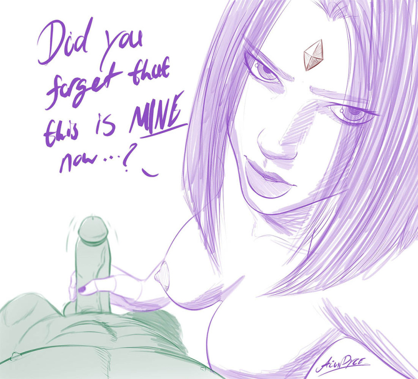 1boy 1girls 2022 acindyce_(artist) beast_boy canon_couple dc dc_comics dialogue english_text femdom grabbing_penis handjob looking_at_viewer malesub nipple nude penis pov rachel_roth raven_(dc) teen_titans text thick_lips