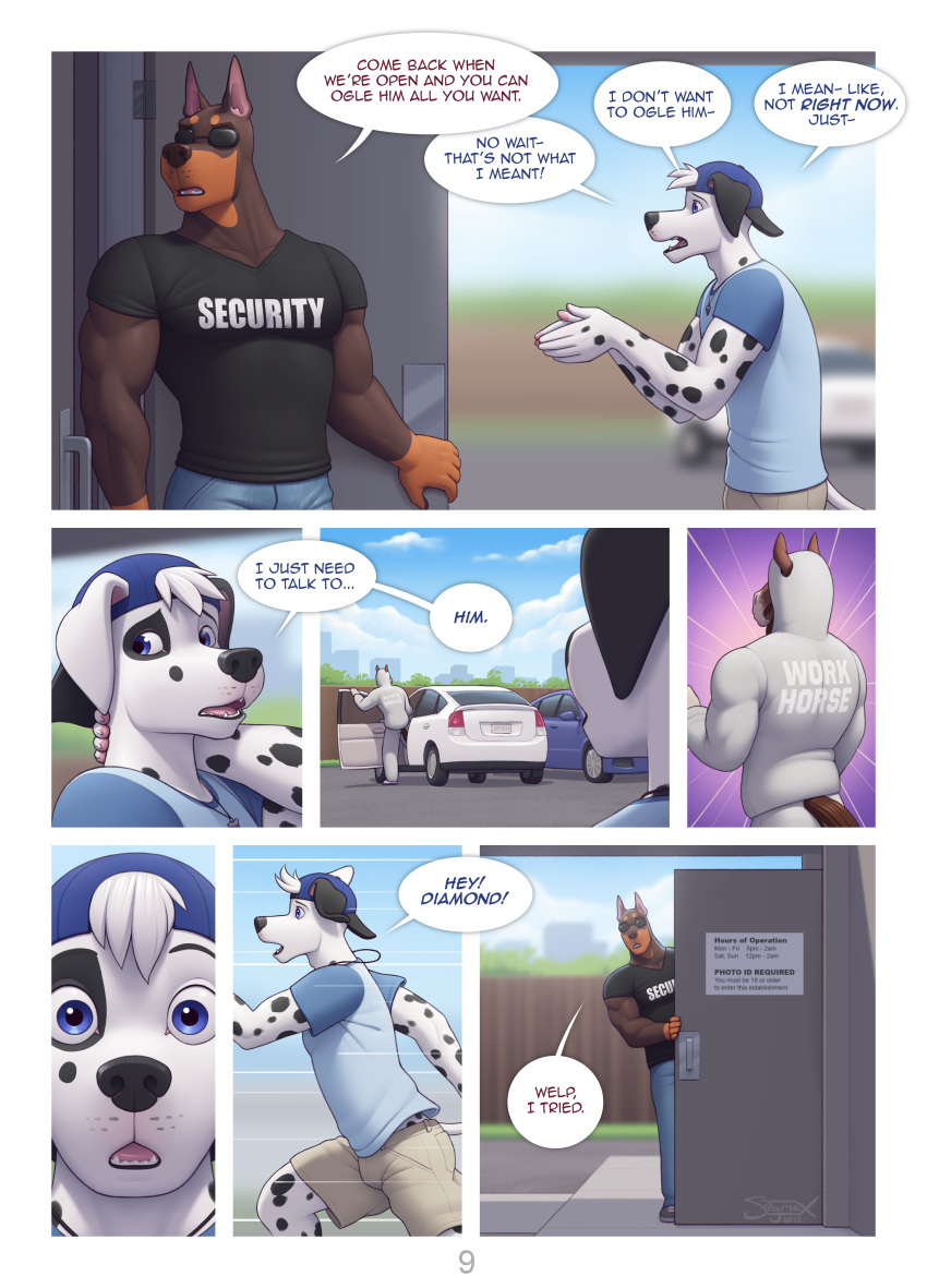 anthro bifurcation car comic dalmatian diamond_(sigma_x) doberman dobermann domestic_dog equid equine furry hoodie horse male mike_(sigma_x) page_9 sigma_x tagme toby_the_dobie