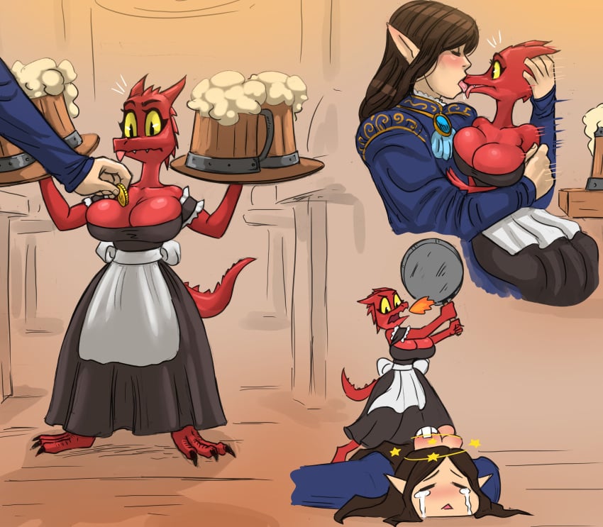 1boy 1girls absurd_res alcohol angry anthro bar_maid barmaid beaten beer_mug big_breasts blush brown_hair closed_eyes clothing crying elf elf_ears elf_male fantasy female flick forced_kiss head_bump horns interspecies kissing kobold long_hair maid maid_uniform male motion_lines red_body sexual_harassment shortstack tail tears tongue_kiss tray waitress wide_eyed yellow_eyes