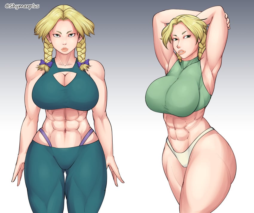 1girls abs big_breasts big_lips blonde_hair bottomwear braided_hair breasts cleavage dr.stone female female_only green_eyes green_topwear hair hair_ornament hanada_nikki hands_behind_head huge_breasts lips muscles muscular muscular_female pants ribbon shymarplus solo solo_female thick_lips thick_thighs thighs thong thunder_thighs topwear twin_braids white_thong