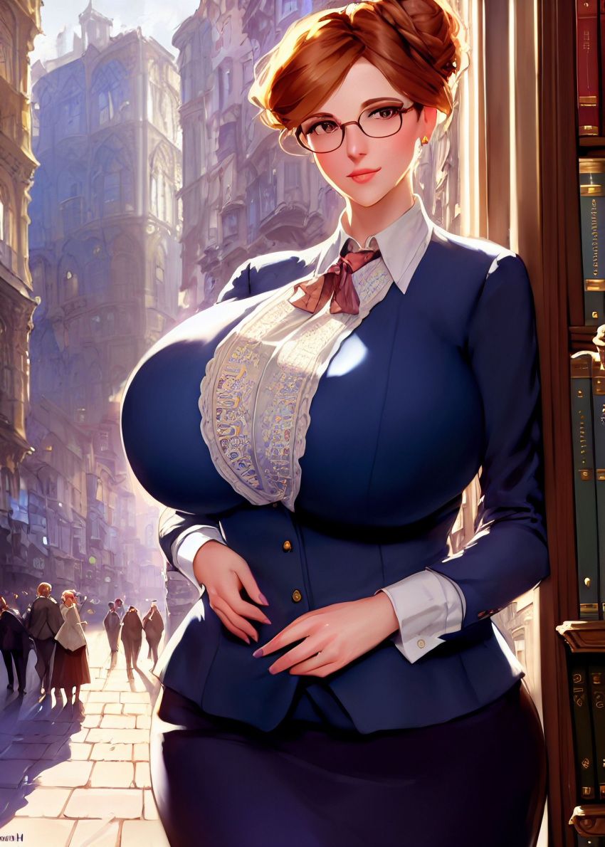 1girls ai_generated alternate_breast_size auburn_hair big_breasts blue_clothing breasts_bigger_than_head bulging_breasts city clothed_female ear_piercing female female_focus fully_clothed glasses hair_bun high_resolution huge_breasts light-skinned_female light_skin looking_at_viewer orange_hair original outdoors outside small_mouth solo_focus stable_diffusion street tagme victorian_era