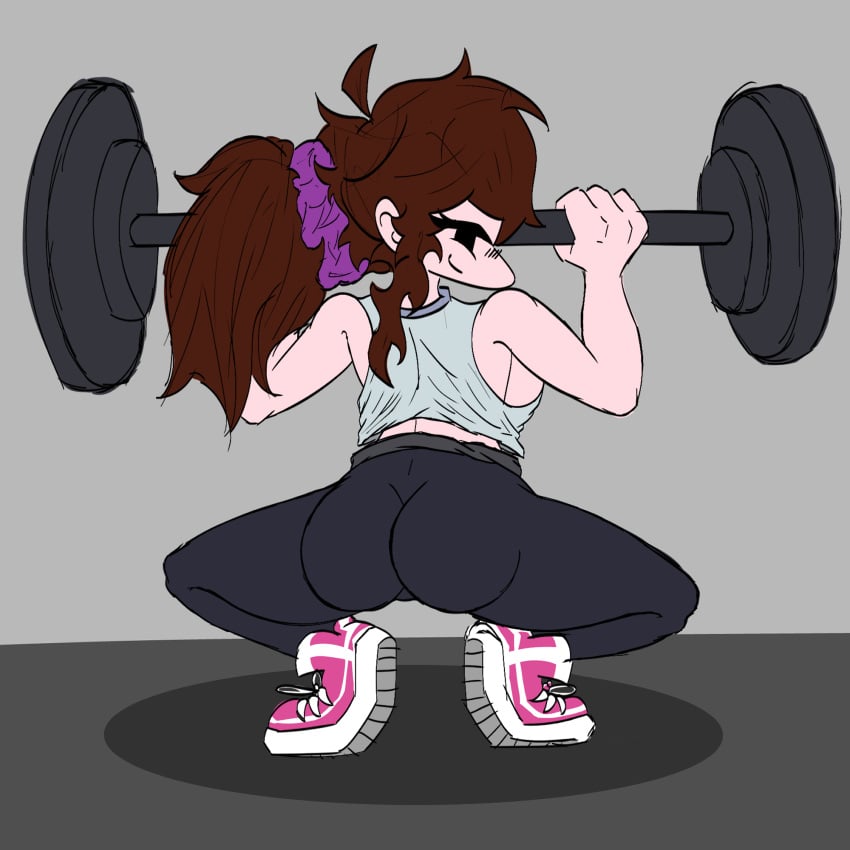 big_ass big_breasts blue_pants brown_hair dumbbells flushed friday_night_funkin girlfriend_(friday_night_funkin) gym pink_shoes sitting smile smiling strong_woman thick_thighs white_shirt