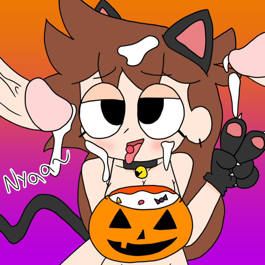 bag bag_of_cum brown_hair bukkake candy candy_in_mouth cat_ears cat_tail cum cum_drip cum_in_hair cum_on_face dealkdoodles filled_bag halloween leash nude penis pumpkin_bag shgurr tagme youtube youtuber