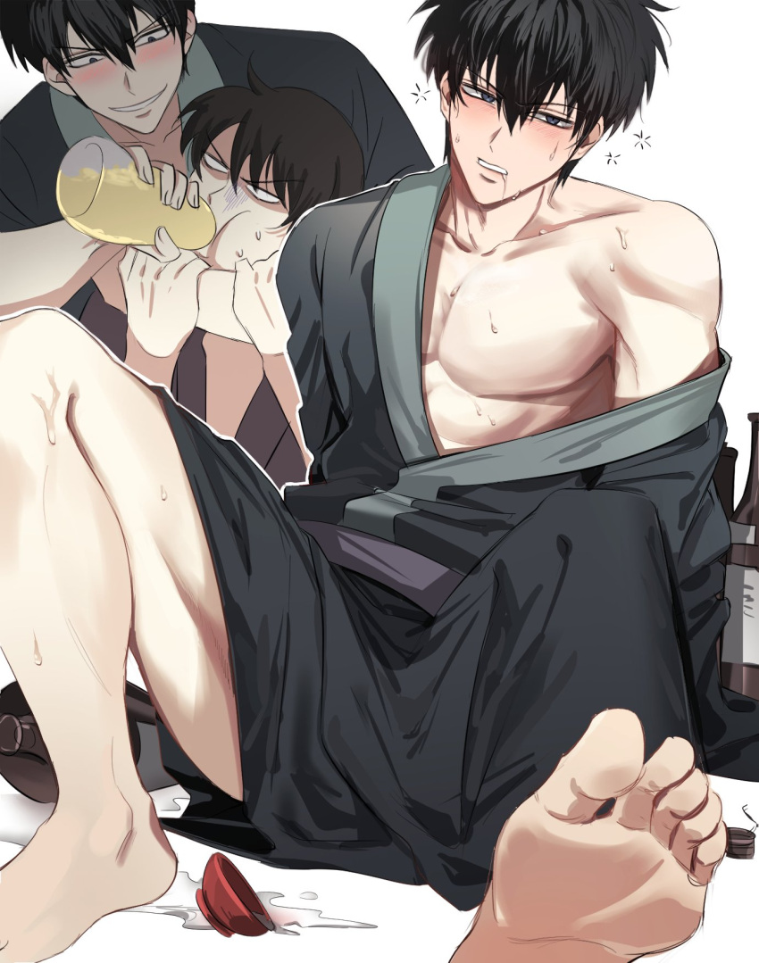 2boys alcohol barefoot black_hair blue_eyes blush clothed drooling drunk feet food force_feeding gintama headlock hijikata_toshiro japanese_clothes kimono looking_at_viewer male male_only mayonnaise multiple_scenes off_shoulder open_kimono pale-skinned_male pale_skin sake sitting smile soles solo_focus spread_legs sweat syeon_oo toned toned_male wet_skin yamazaki_sagaru yukata