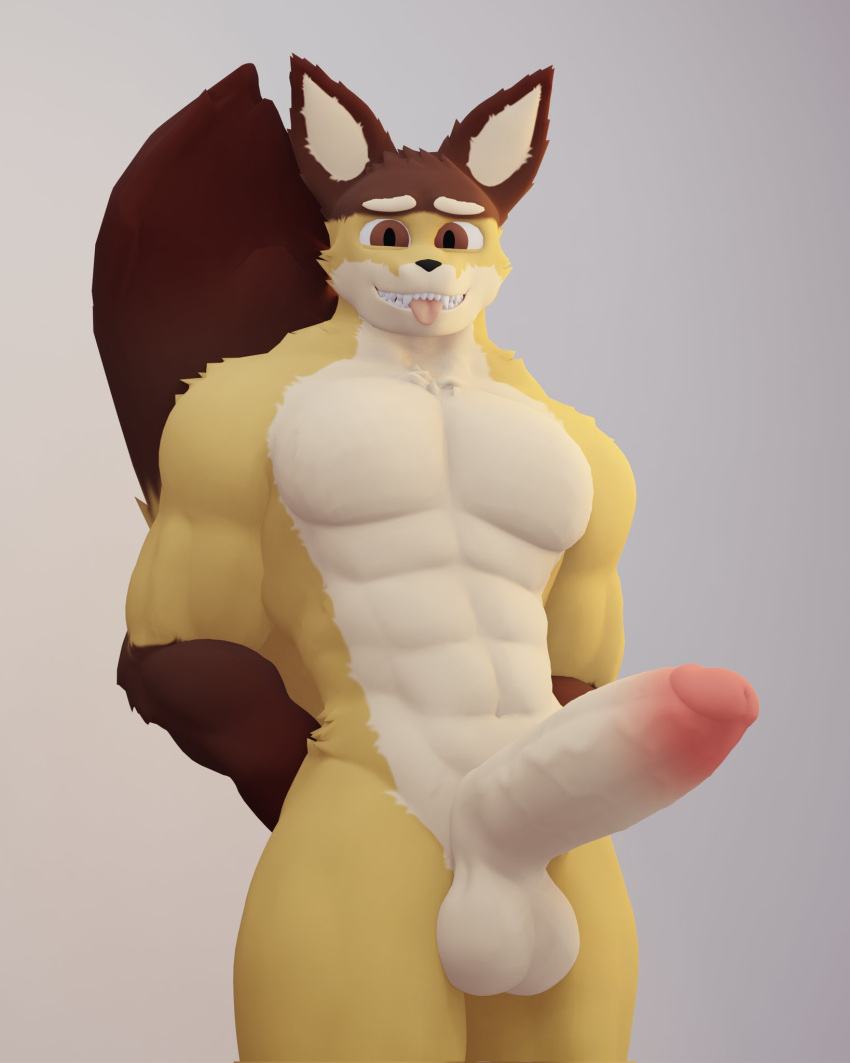 3d 3d_(artwork) anthro anxiousanxiety arms_behind_back balls big_penis big_tail brown_eyes claws fox fox_(cuwubedfox) fox_ears fox_tail furry furry_ears genitals hi_res huge_cock looking_at_viewer male male_only muscular naked nude penis smile smiling solo tagme tail veiny_penis yellow_fur