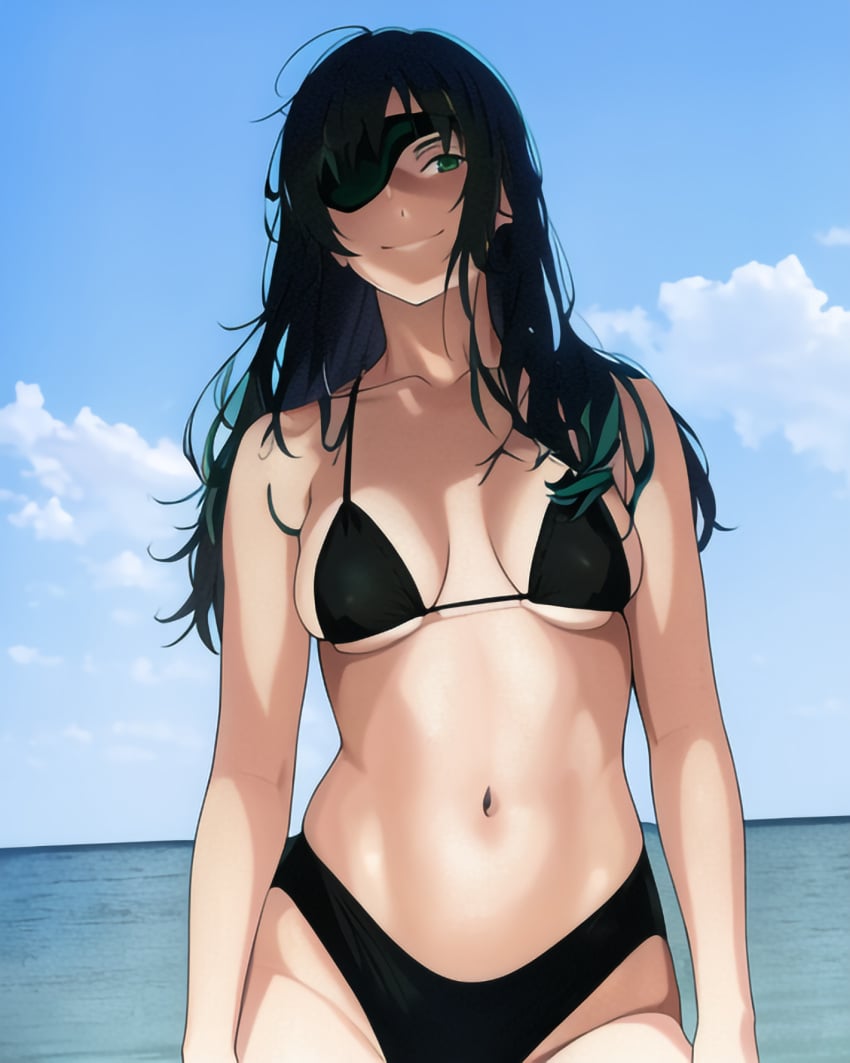 1girls 92_brks ai_generated beach bikini breasts chainsaw_man cleavage eyepatch female female_only himeno_(chainsaw_man) light-skinned_female long_hair nai_diffusion navel shounen_jump sideboob stable_diffusion underboob