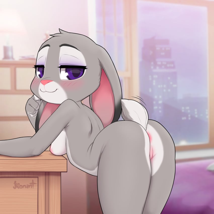 1:1 2022 anthro anus artist_name ass bedroom_eyes bent_over black_body black_fur blush breasts digital_media_(artwork) disney eyebrows female fingers fur genitals grey_body grey_fur hi_res inside judy_hopps kionant lagomorph leporid long_ears looking_at_viewer looking_back mammal motion_lines multicolored_body multicolored_fur narrowed_eyes nipples nude purple_eyes pussy rabbit seductive small_breasts solo thick_thighs white_body white_fur zootopia