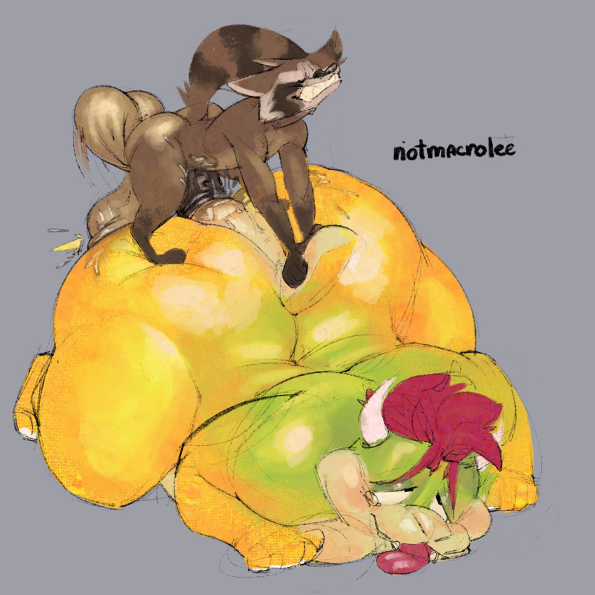 2022 2boys anal anal_sex anthro ass ball_slap balls big_balls big_butt bowser brown_body brown_fur crossover duo fur gay gay_sex genitals grey_background guardians_of_the_galaxy hi_res huge_butt huge_hips koopa looking_pleasured macrolee male male/male male_only mammal mario_(series) marvel nintendo penetration procyonid raccoon rocket_raccoon scalie simple_background size_difference slap small_dom_big_sub teeth_showing video_games