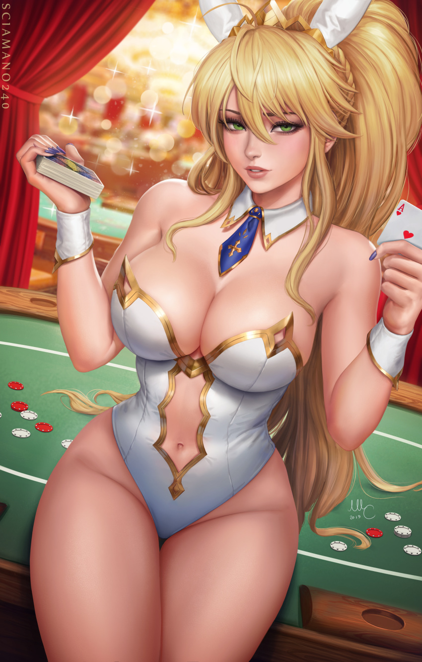 1girls 2019 ace_of_hearts artist_name artist_signature artoria_pendragon artoria_pendragon_(all) artoria_pendragon_(fate) artoria_pendragon_(swimsuit_ruler) ass belly_button big_breasts blonde_female blonde_hair blonde_ponytail braid braided_hair breasts bunny_ears bunny_girl bunnysuit card cards clothed clothed_female clothing collar crown fate/grand_order fate_(series) female gold_crown gold_trim green_eyes hair hair_between_eyes hartman_hips headgear headwear hi_res high_resolution highres hourglass_figure legs leotard looking_at_viewer mirco_cabbia open_mouth painted_nails parted_lips patreon patreon_reward pinup poker poker_cards poker_chip poker_table ponytail purple_nails red_curtains sciamano240 smile smiling smiling_at_viewer smirk smirking smirking_at_viewer thick_thighs thigh_gap thighs tie tied_hair tight_clothing tight_leotard white_leotard