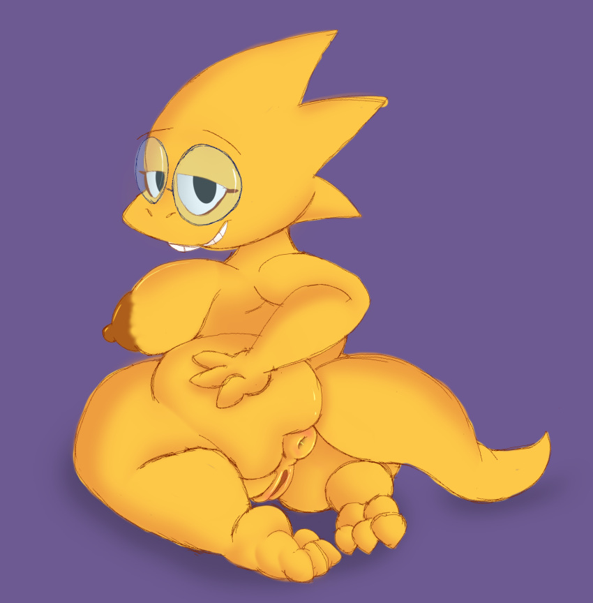 absurd_res alphys anthro ass breasts brown_nipples eyewear female fuzefurry genitals glasses hi_res looking_at_viewer looking_back nipples pussy scalie side_boob solo undertale_(series)