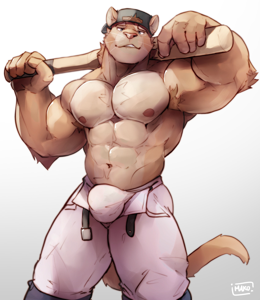 absurd_res anthro baseball_bat baseball_cap baseball_uniform bat_(object) big_bulge big_muscles blue_eyes bulge clothed clothing cougar felid feline hat headgear headwear hi_res looking_at_viewer looking_pleasured makowolf1 male male_only mammal mexican_pacific_league muscular simple_background smile smiling_at_viewer solo sportswear underwear uniform white_background yaco_puma yaquis_de_obregon