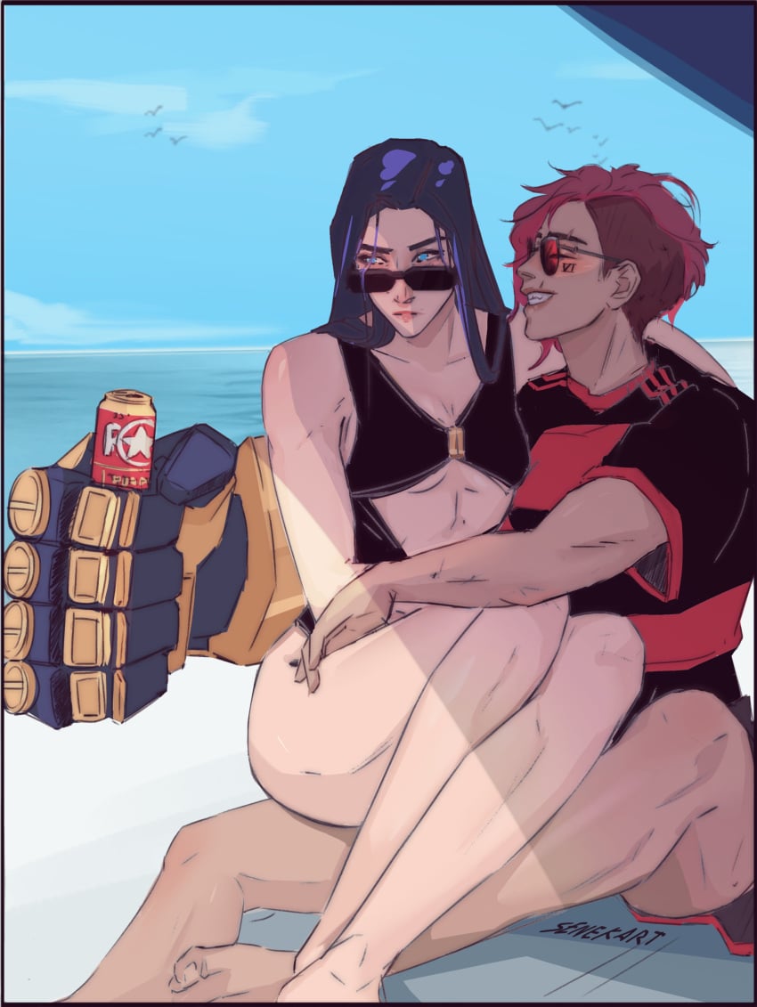 2girls arcane arcane_caitlyn arcane_vi bathing_suit beach big_ass bikini butch caitlyn_kiramman canon_couple female female_only happy hugging league_of_legends lesbian light-skinned_female looking_over_eyewear looking_over_glasses looking_over_sunglasses senekart smile sunglasses tinted_eyewear tomboy vi wholesome yuri