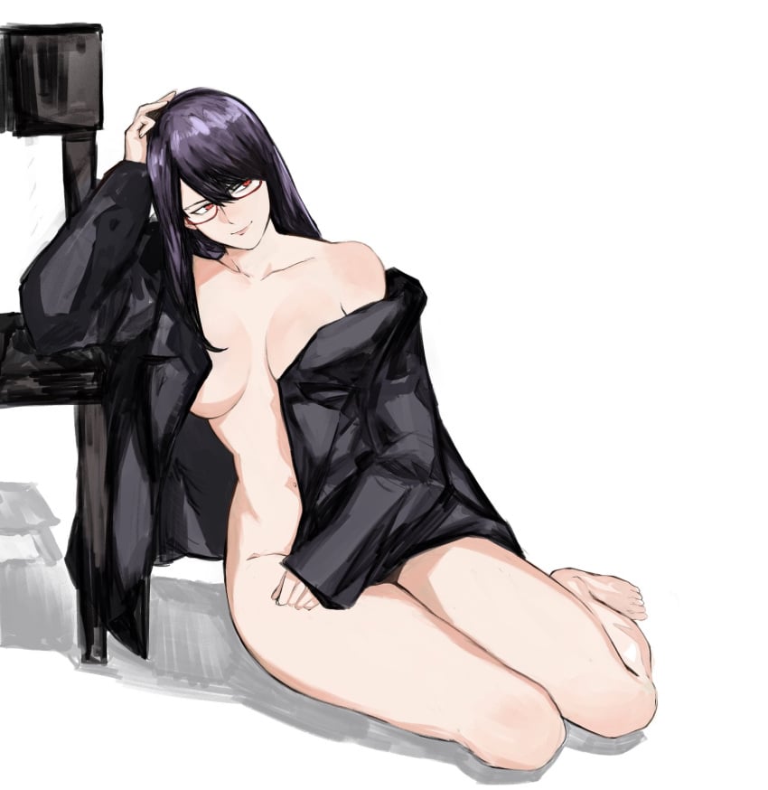 1girls breasts glasses jacket jacket_only jacket_open kamishiro_rize long_hair nude_jacket open_clothes partially_clothed partially_nude partially_undressed purple_hair red_eyes sitting smiling solo yourfreakyneighbourh yrfreakyneighbr