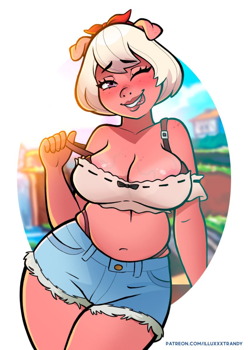 belly big_breasts blurry_background bra curvy_figure emelie_(cyancapsule) illuxxxtrandy one_eye_closed original original_character outside pig pig_ears pig_girl shorts tagme thick_thighs tongue_out topwear veiny_breasts visible_nipples