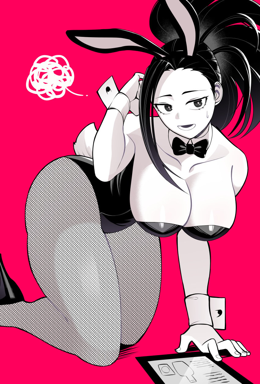 1girls ass big_ass black_eyes black_hair bowtie breasts bunny_ears bunny_girl bunnysuit cleavage detached_collar fake_animal_ears female_only fishnets hanging_breasts high_ponytail huge_breasts ko_koyap leaning_forward looking_at_viewer medium_hair momo_yaoyorozu my_hero_academia nervous open_mouth pantyhose ponytail sweat thick_thighs thighs