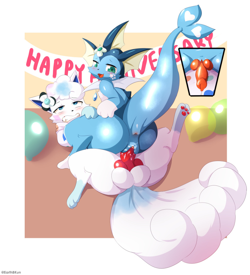 absurd_res accessory alolan_form alolan_vulpix anniversary balloon blue_body blue_eyes blush bodily_fluids clothed clothing digital_media_(artwork) duo earthb-kun eeveelution english_text feral flower flower_in_hair fur fur_markings generation_1_pokemon genital_fluids genitals hair hair_accessory hi_res inflatable jewelry knot kuzo_(justkuzo) looking_back looking_pleasured male male/male male_only male_penetrating male_vaporeon mammal markings multicolored_body necklace nintendo open_mouth penetration plant pokemon pokemon_(species) precum regional_form_(pokemon) riding sex simple_background slit_sex sweater text topwear vaporeon video_games vress_(vresspress) vulpix white_body white_fur