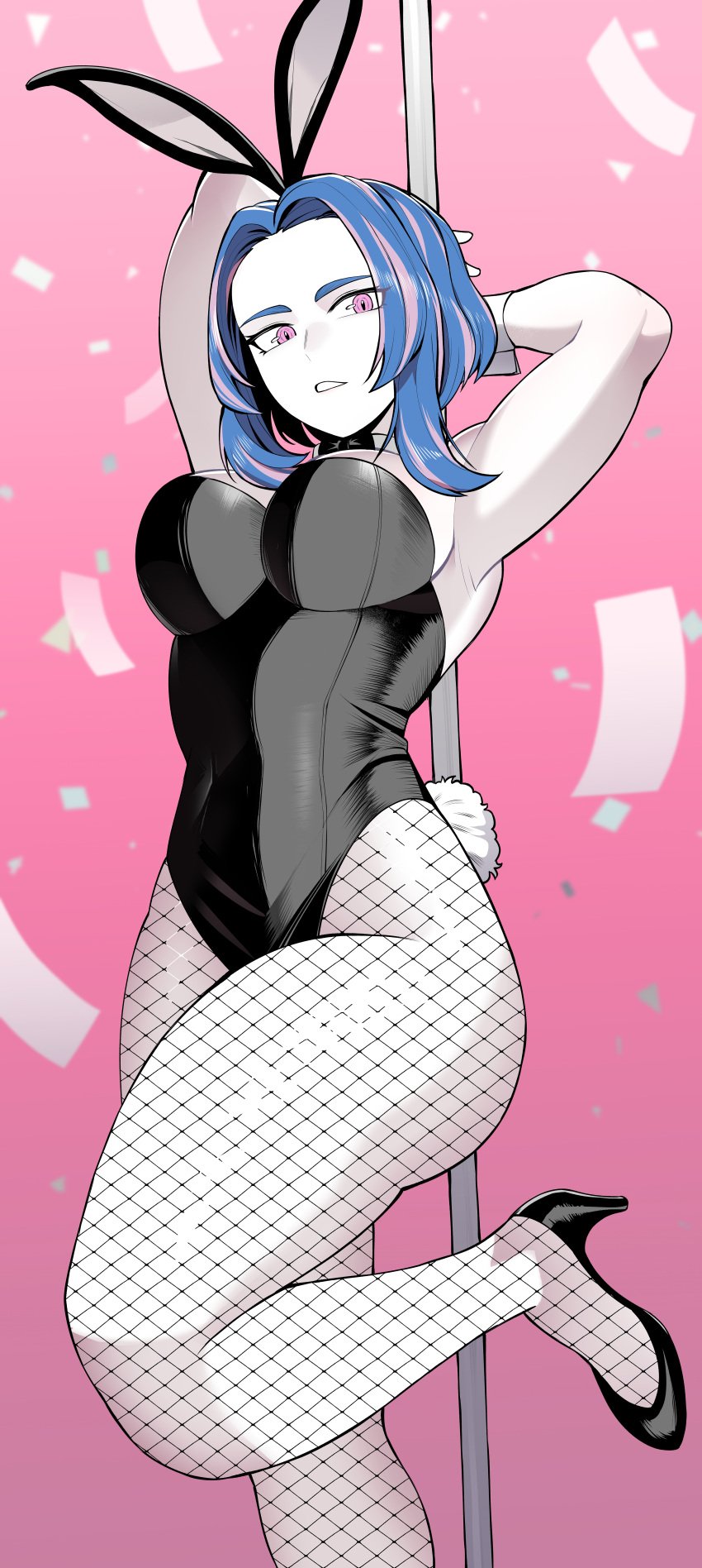 1girls arms_above_head blue_hair breasts bunny_ears bunny_girl bunnysuit female_only fishnets high_heels kaina_tsutsumi ko_koyap lady_nagant large_breasts leotard looking_at_viewer looking_down multicolored_hair muscular muscular_female my_hero_academia pink_eyes pink_hair pole pole_dancing short_hair stripper_pole thick_thighs thighs two-tone_hair wide_hips