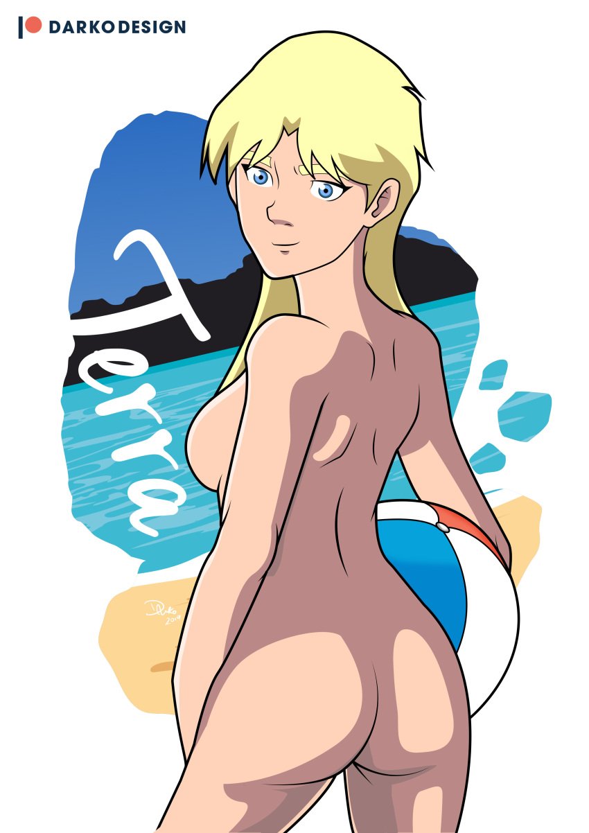 1girls 2019 ass beach beach_ball blonde_hair breasts darkodesign dat_ass dc dc_comics female female_only looking_at_viewer looking_back naked naked_female nude nude_female smiling solo tara_markov teen_titans terra_(dc)