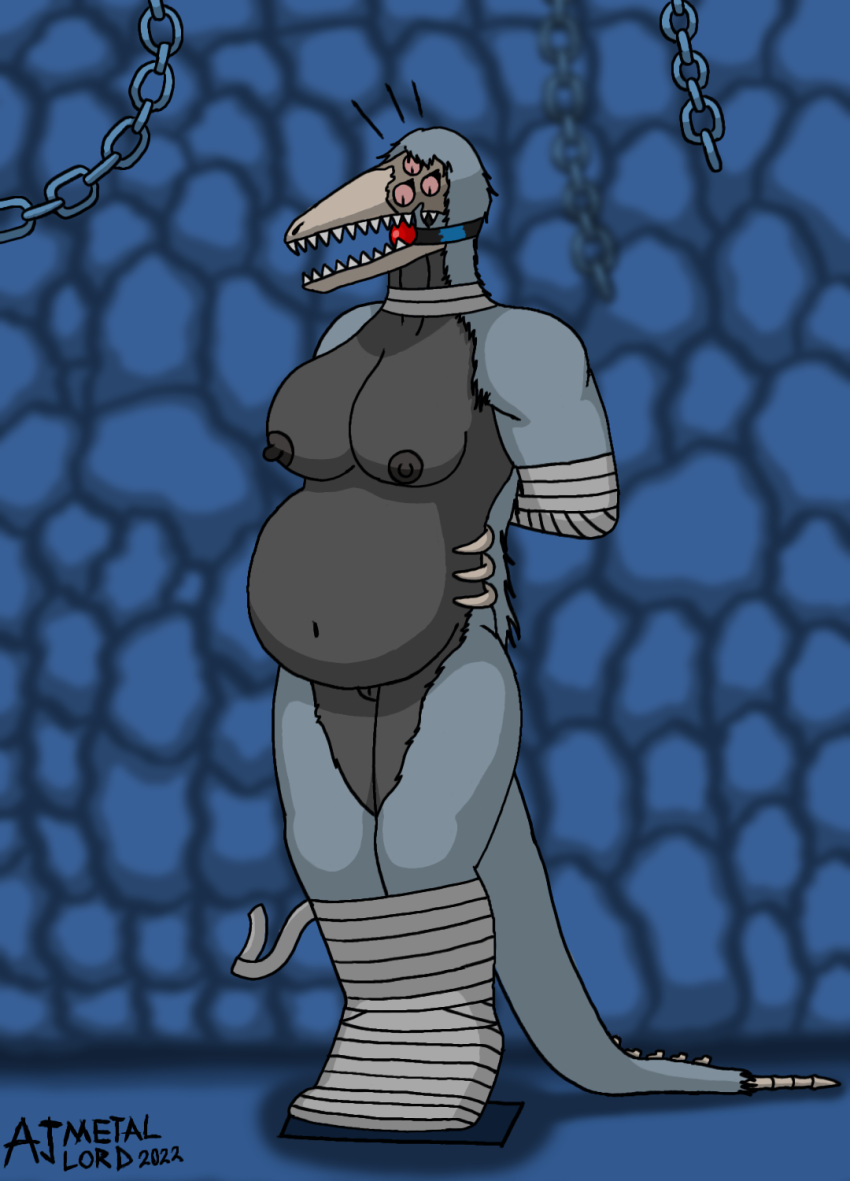 1girls 2022 ajmetallord anthro ball_gag big_breasts bone breasts chains digital_drawing_(artwork) digital_media_(artwork) dungeon female gag genitals hi_res leather mummification mummified mummy_bandages pregnant pregnant_female pussy reptile scalie scp-682 scp_foundation skull skull_head solo teeth thick_thighs