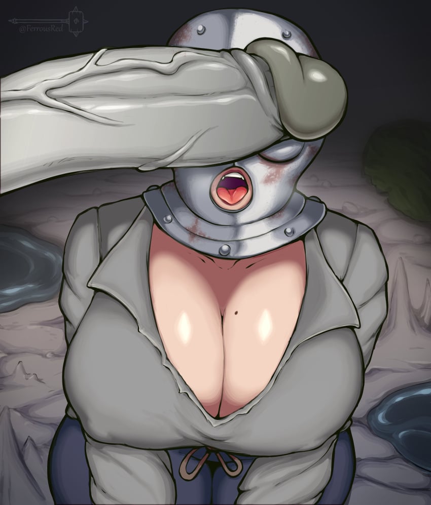 1girls ahe_gao big_breasts big_penis cant_see_the_haters cleavage cock_worship elden_ring female ferrousred fromsoftware helmet huge_breasts open_mouth penis penis_awe prisoner_(elden_ring) tarnished