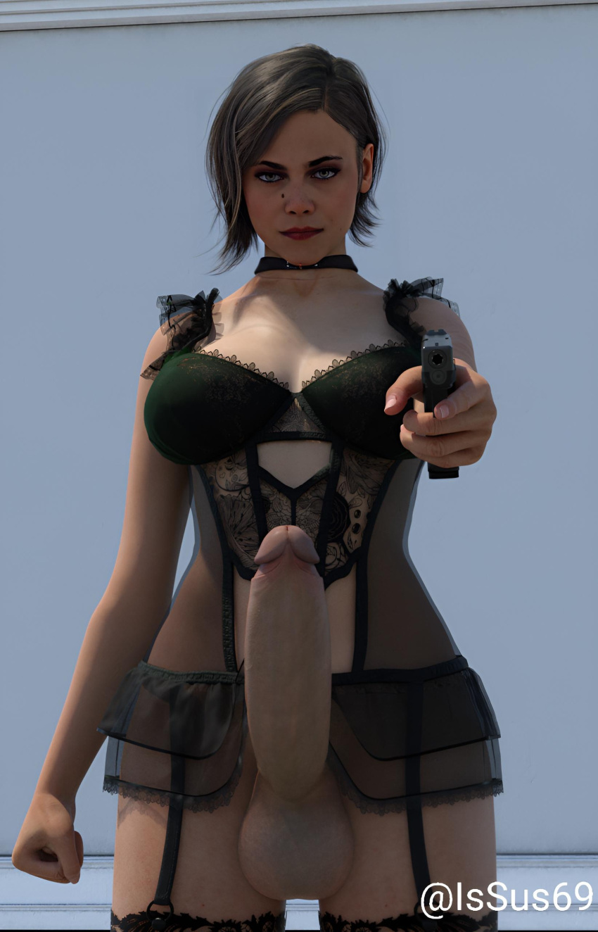 1futa 1futanari 3d big_balls big_dick big_penis call_of_duty call_of_duty_black_ops_cold_war casual clothing firearm fist futa_only futanari glock gun handgun helen_park_(cod) human issus69 lingerie looking_at_viewer pale_skin pointing_at_viewer pointing_gun potatus_(issus69) solo standing tagme weapon