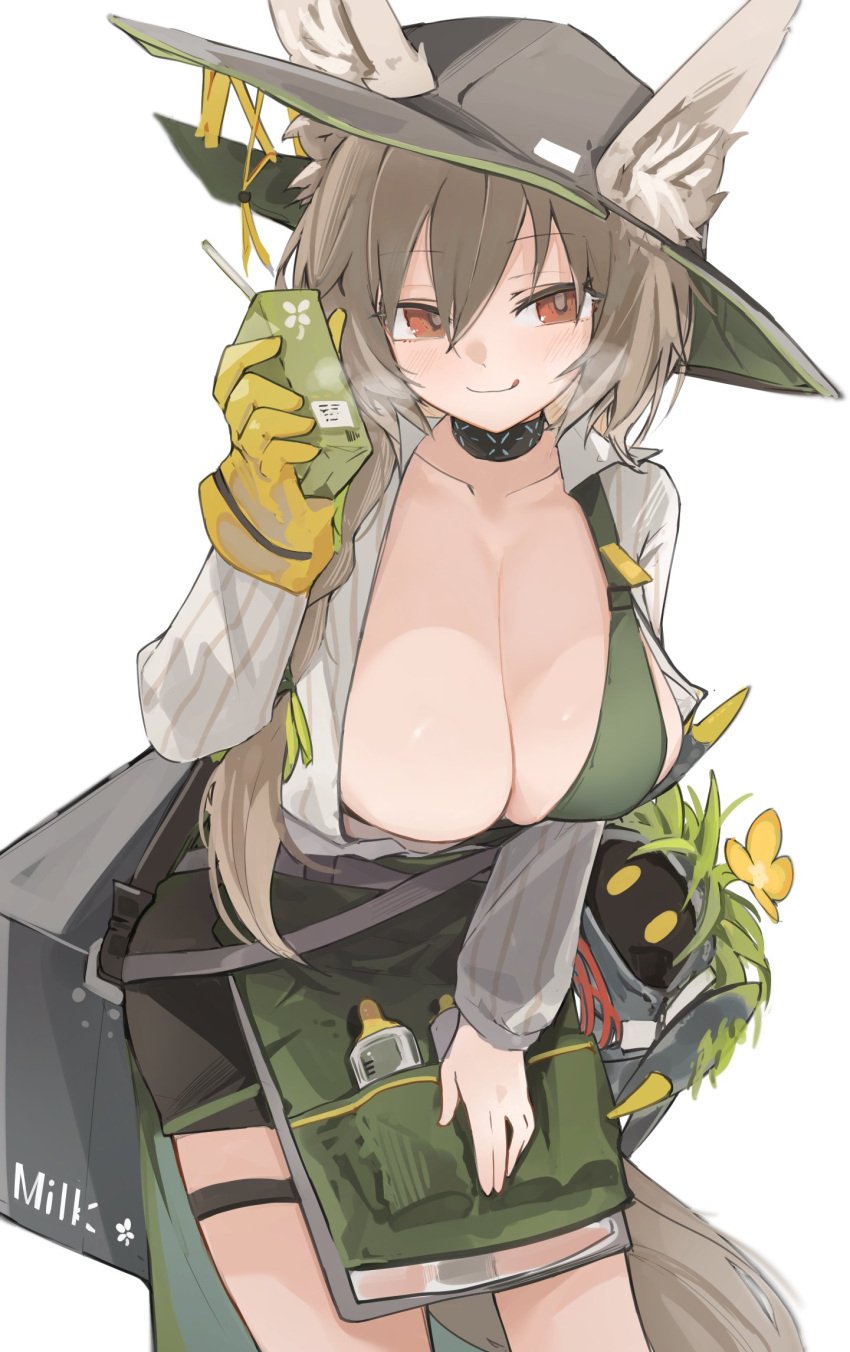 1girls :q absurd_res alternate_breast_size arknights baby_bottle beanstalk_(arknights) black_bandeau bottle breasts brown_eyes brown_hair cleavage collarbone drinking_straw ears_through_headwear female gloves hair_between_eyes hat highres hyena_ears hyena_girl juice_box large_breasts licking_lips long_sleeves looking_at_viewer metal_crab_(arknights) mikozin navel shirt short_hair simple_background smile striped striped_shirt tongue tongue_out vertical-striped_shirt vertical_stripes white_background white_shirt yellow_gloves