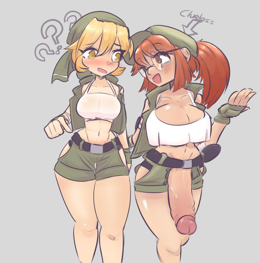 1futa 1girls accidental_exposure bandana big_breasts blonde_hair blush breasts brown_eyes cleavage clothed clothing clueless duo erection eri_kasamoto female fio_germi fully_clothed futanari glasses huge_cock human light-skinned_female light-skinned_futanari light_skin metal_slug midriff mostly_clothed penis penis_out red_hair short_shorts shorts snk standing twonuki unaware uncensored wardrobe_malfunction