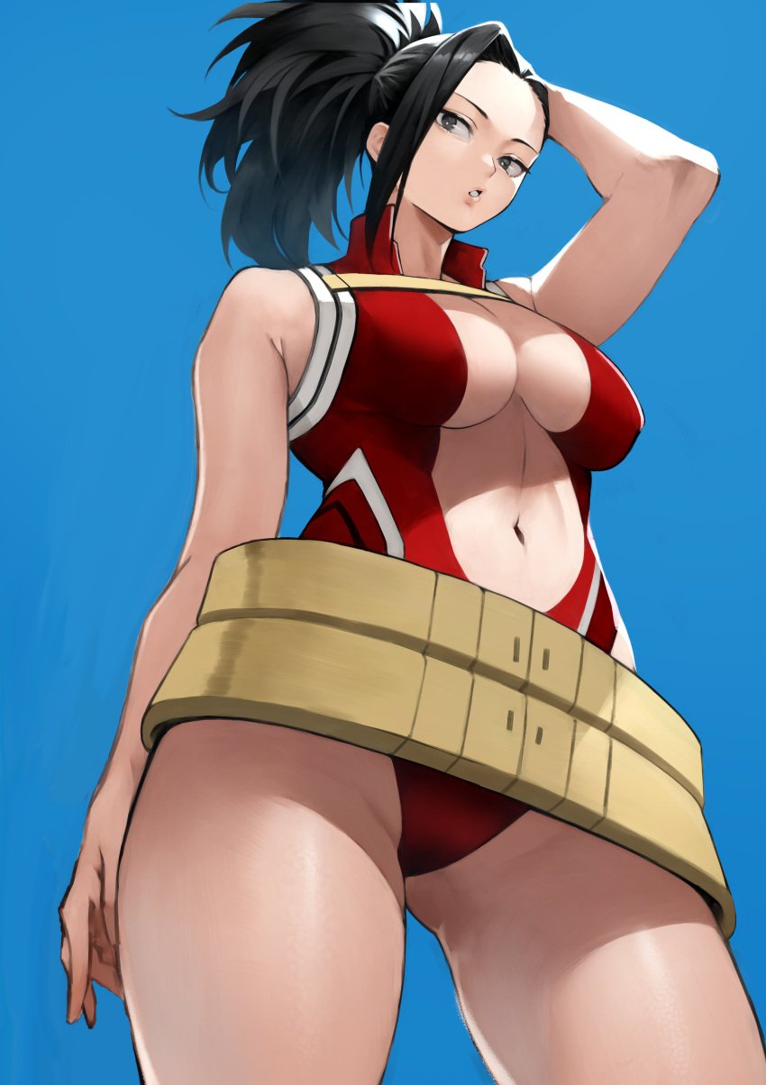 absurdres back bare_shoulders belt black_eyes black_hair breasts center_opening cleavage female hair_pulled_back highres large_breasts leotard long_hair looking_at_viewer matching_hair/eyes momo_yaoyorozu my_hero_academia navel parted_lips ponytail red_leotard smile thick_thighs thighs yaoyorozu_momo yoshi55level yoshio_(55level)