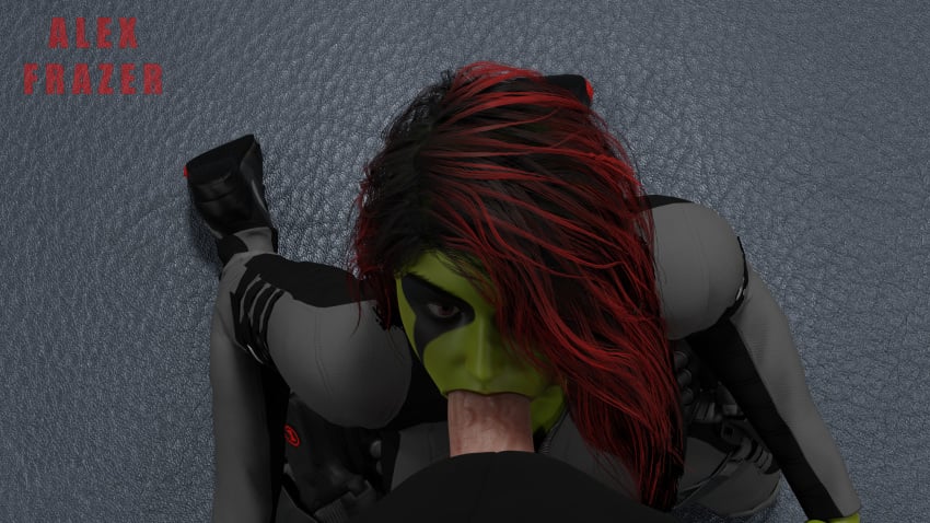 1boy 1girls 3d alexfrazer alien alien_girl alien_look_like_human artist_name background big_penis black_clothing blowjob bodysuit clothed_female clothed_sex clothing duo eyes facepaint fellatio female footwear fully_clothed gamora green-skinned_female green_skin grey_clothing guardians_of_the_galaxy guardians_of_the_galaxy_(game) hair human human_on_humanoid humanoid kneeling long_hair male male/female male_pov marvel on_floor open_eyes oral penis penis_out pov red_hair shirt shoes signature standing straight two_tone_hair