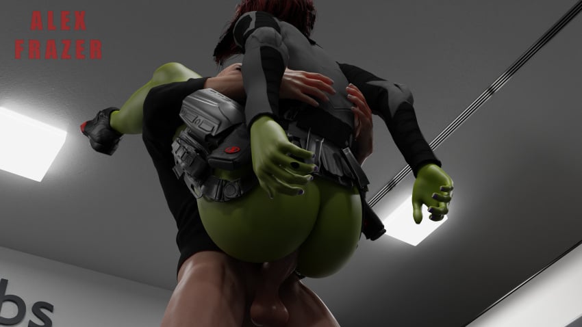 1boy 1girls 3d alexfrazer alien alien_girl alien_humanoid alien_look_like_human ass balls bare_ass big_ass black_clothing bottomless bottomless_male carrying carrying_partner ceiling clothing duo female fingernails footwear from_behind gamora genitals green-skinned_female green_skin grey_clothing guardians_of_the_galaxy guardians_of_the_galaxy_(game) gun hair holster holstered_weapon human human_on_humanoid humanoid indoors light long_hair long_sleeves male male_penetrating marvel nail_polish partially_clothed penis pistol ranged_weapon red_hair sex shirt shoes standing standing_sex straight violet_nail_polish weapon