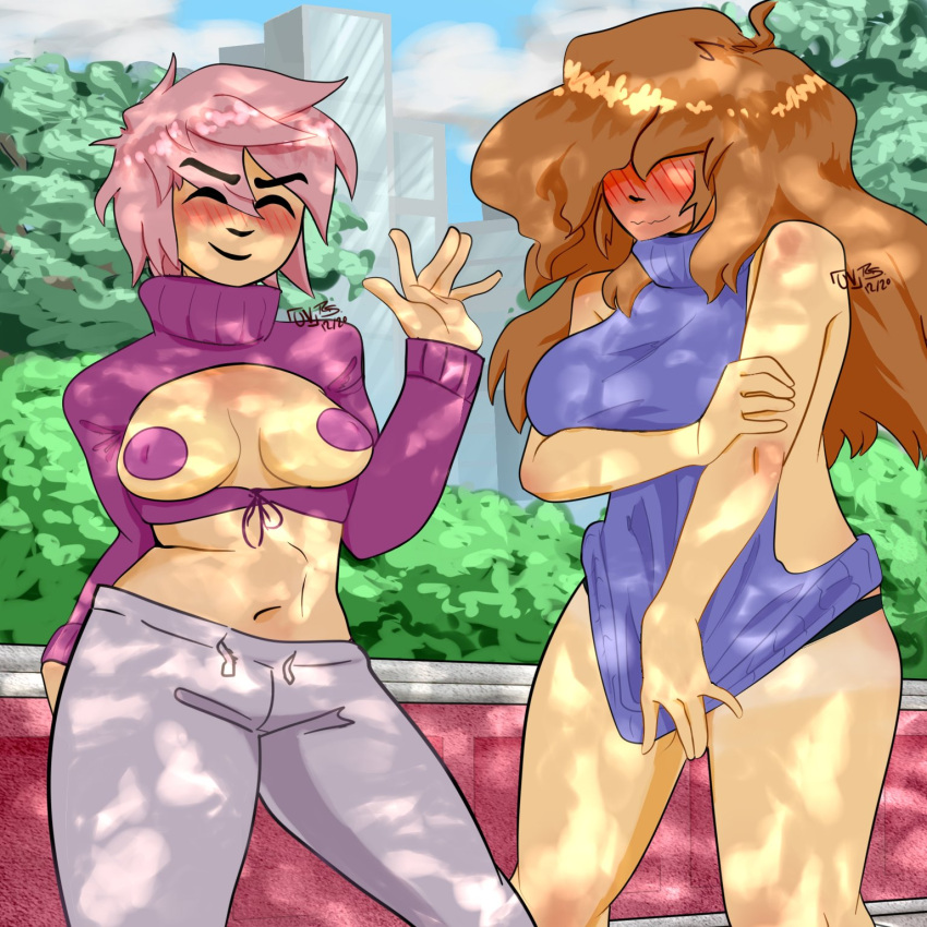 2020 2girls artist_logo artist_name brown_hair covering_crotch embarrassed embarrassed_female exhibitionism exhibitionist female female_only human long_hair multiple_girls no_visible_genitalia outdoors outside pasties pink_hair public rae_san revealing_clothes short_hair sweatpants toony unveilednsfw virgin_killer_sweater