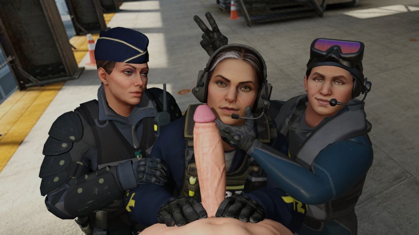 1boy 3d 3girls agent_ava assisted_handjob bunny_ears_(gesture) clothed_female_nude_male counter-strike:_global_offensive counter-strike_(series) davida_fernandez foursome gloves group hands_on_penis huge_cock looking_at_another looking_at_viewer plop_20 pov rouchard tagme teamwork valve