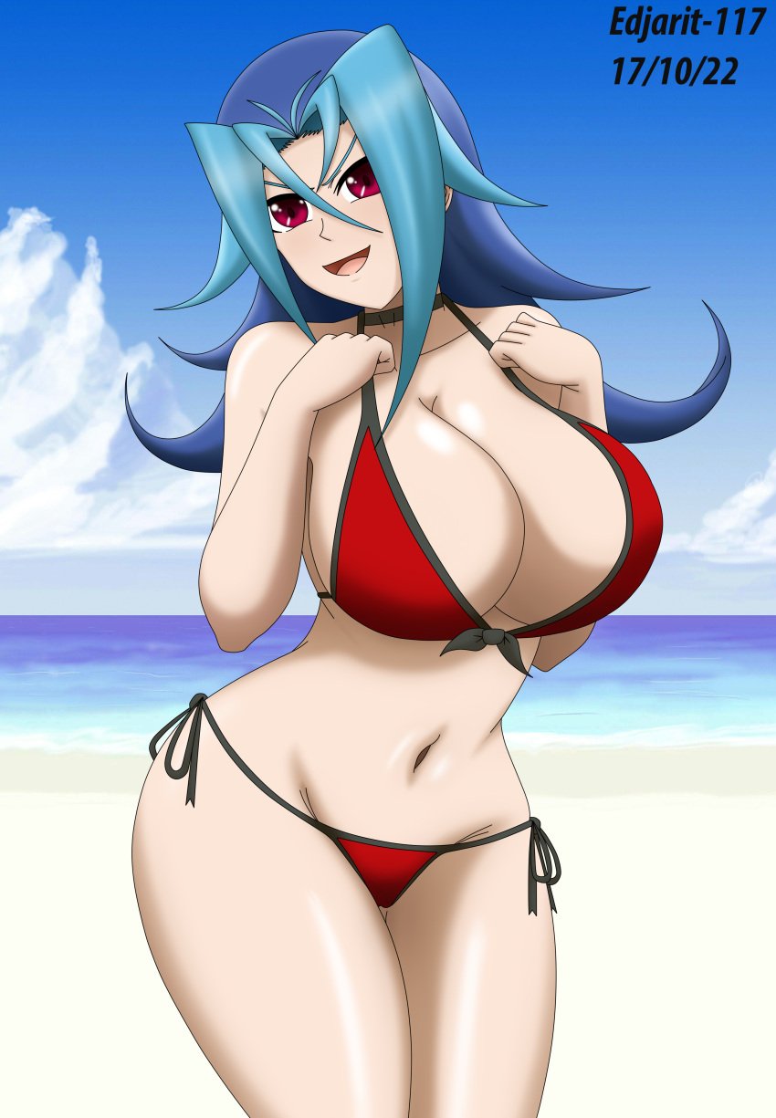 beach bikini blue_eyes edjarit-117 female huge_breasts kamishiro_rio red_eyes rio_kamishiro smile yu-gi-oh! yu-gi-oh!_zexal